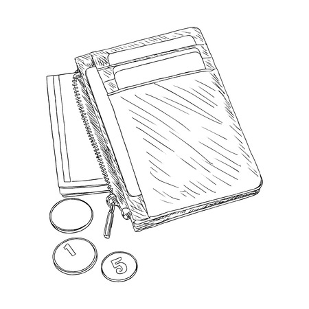 Wallet with money and credit cards Sketch of wallet full of cash Wallet with dollar bills and coins Hand drawn vector illustrationのイラスト素材