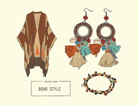 Bohemian fashion style set, boho and gypsy clothes illustration vector.のイラスト素材