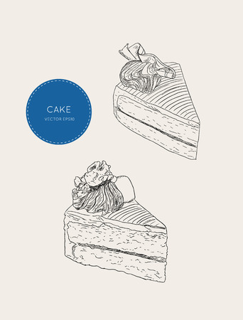 Set of cake, coffe cake decorate with chocolate , hand draw sketch vector.のイラスト素材