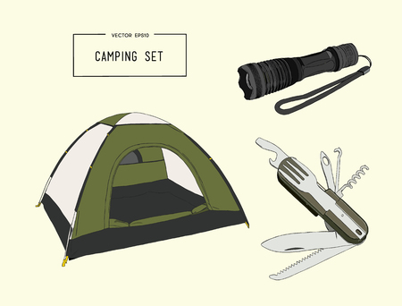 Set of hand drawn camping equipment drawings. Sketches. Hand-drawing. Vector illustration of for design and packages product. Vector Illustration.
flashlight , tent and Pocket knifeのイラスト素材