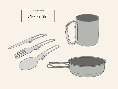 Set of hand drawn camping equipment drawings. Sketches. Hand-drawing. Vector illustration of for design and packages product. 
Camping tableware consisting of cutlery, pan and glass.Stainless Steel Knife Fork and Spoon Outdoor Camping Picnic Tableware,のイラスト素材