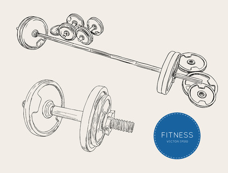 Dumbbells barbells and weight fitness and bodybuilding equipment, sketch vector.のイラスト素材