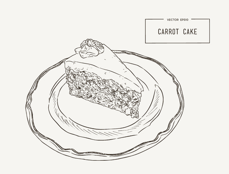 Sliced carrot cake with walnuts, prunes and dried apricots on a plate hand draw sketch vector.のイラスト素材