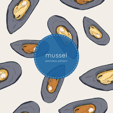 Vector engraving illustration of highly detailed hand drawn mussel.seamless vector.のイラスト素材