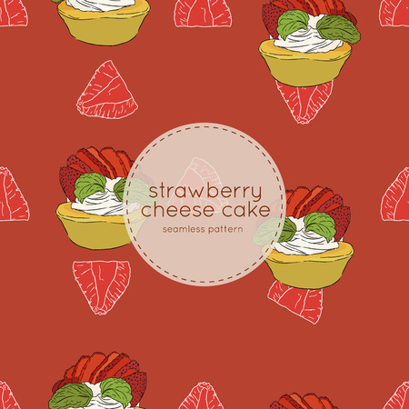 strawberry cheese cake with soft serve, hand draw sketch vector. seamless patternのイラスト素材