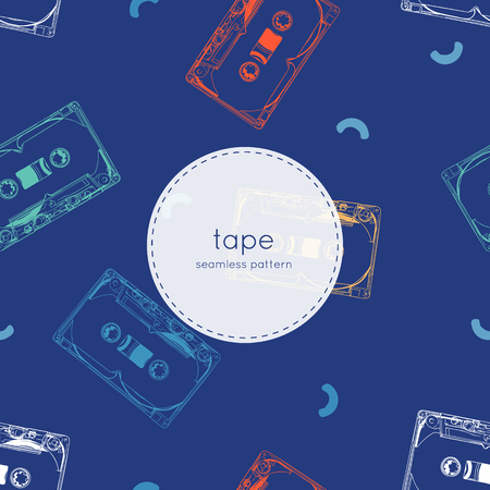 vintage audio tape cassette, illustration vector. seamless pattern vector.のイラスト素材