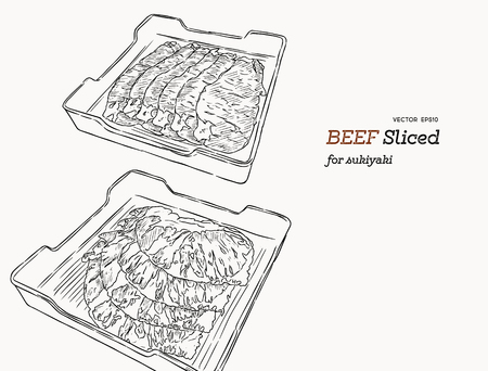 Raw beef meat sliced in tray. Vector hand draw  Illustration のイラスト素材