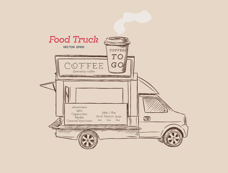 Street coffee van. Fast delivery food truck. hand draw design vector illustrationのイラスト素材