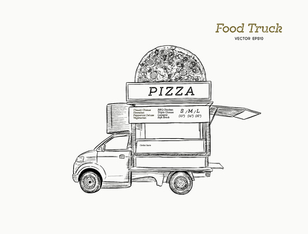 Mobile food truck. Van with pizza. Vector illustration hand draw style.のイラスト素材