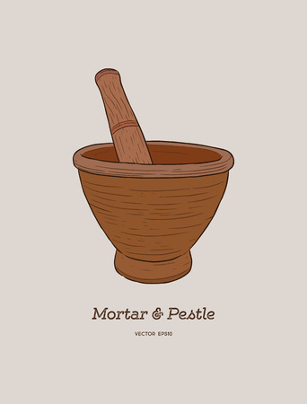 Mortar and pestle . Hand drawn sketch vector retro vintage illustration. Bowl, vessel for milling spice and medical herbs. Hand mill. のイラスト素材