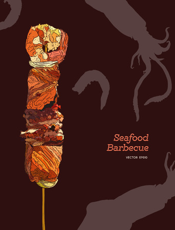 Delicious grilled seafood on a skewer. shrimp, squid, salmon, onion and pepper. Engraving style. Vector illustration.のイラスト素材