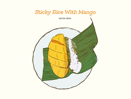 Thai style tropical dessert, Sweet  fruit with sticky rice mix with coconut milk. hand draw sketch vector.のイラスト素材