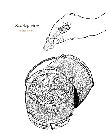 Sticky rice, Thai sticky rice in a bamboo wooden old style box, hand draw sketch vector.のイラスト素材