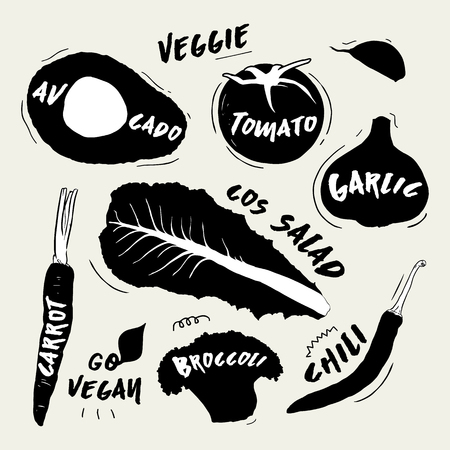 collection of ink vegetables silhouette illustrations with handwritten lettering on each vegetable with its name.のイラスト素材