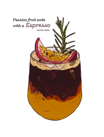 Passion fruit soda with Espresso shot, hand draw sketch vector for cafe. Special menuのイラスト素材