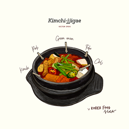 korean traditional food kimchi stew, kimchi jjigae, hand draw sketch vector.のイラスト素材