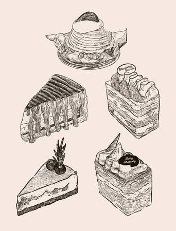 Set of cake,mont blanc, banoffee, strawbeey fresh cream layer cake, blueberry cheese cake and chocolate berry cake. Hand draw sketch vector.のイラスト素材