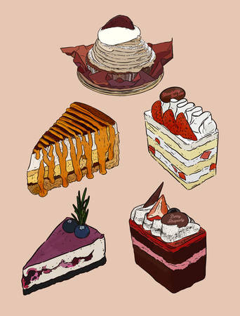 Set of cake,mont blanc, banoffee, strawbeey fresh cream layer cake, blueberry cheese cake and chocolate berry cake. Hand draw sketch vector.のイラスト素材