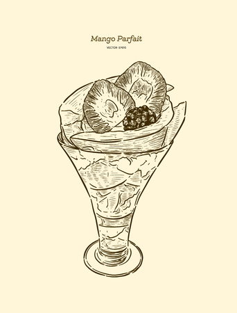 Mango parfait, glass of dessert. hand draw sketch vector.のイラスト素材
