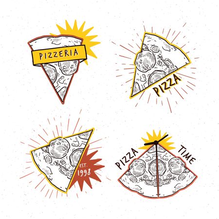 Pizzeria set. Collection of different design with pizza slices and inscriptions. - Vectorのイラスト素材