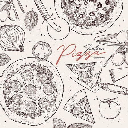 Pizza cafe design template. Pizza ingredients composition. Vector illustration - Vectorのイラスト素材