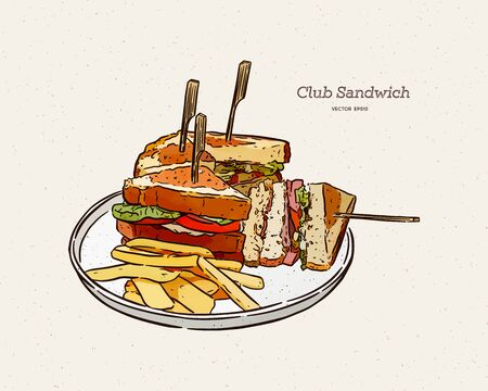 Club sandwich with fries, hand draw sketch vector.のイラスト素材