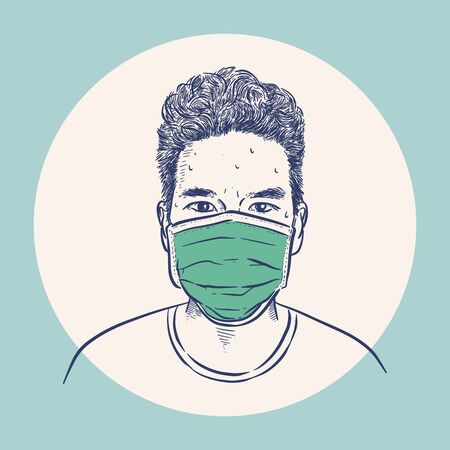 Protection against contagious disease, coronavirus. Man wearing hygienic mask to prevent infection, airborne respiratory illness such as flu, 2019-nCoV. Hand draw sketch vector.のイラスト素材