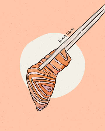 Hand holding salmon sashimi using chopsticks - Raw fresh salmon sliced, Japanese food. Hand draw sketch vector.のイラスト素材
