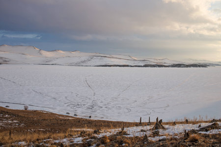 Winter view on the island Ogoy on Lake Baikalの写真素材