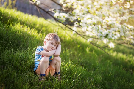 Little boy playing in blooming garden.の写真素材