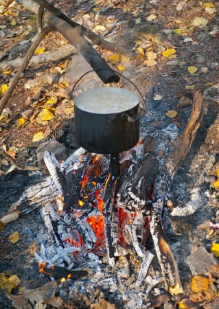 A close up of the bonfire in autumn forest.の写真素材