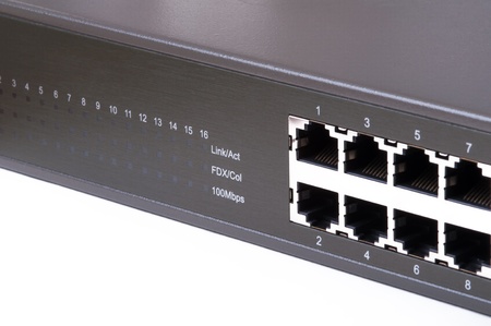 Partially view of LAN network switch  Isolated on white background 