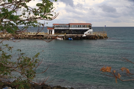 The pier in the sea is visible through branches of treesのeditorial素材