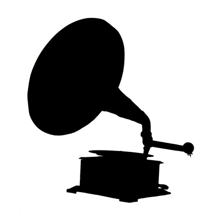 Silhouette of vintage gramophone isolated on white background. Over white.の写真素材