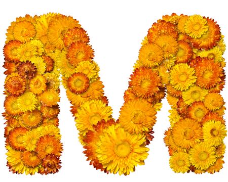 Letters from alphabet from yellow and orange flowers. Isolated on white background.の写真素材