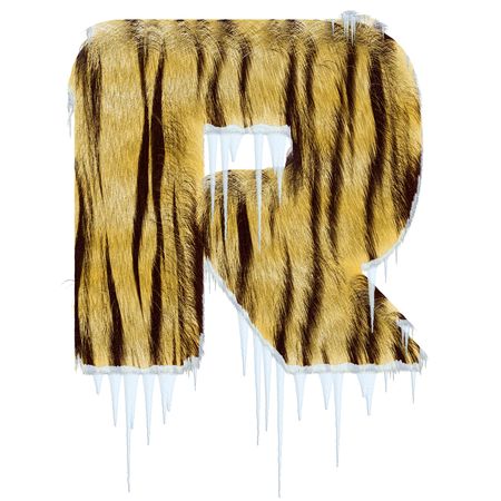 Frosty letter from tiger style fur alphabet with melting iciles. Isolated on white background. の写真素材