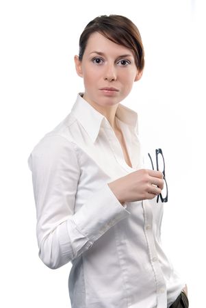 Long Haired Business Woman holding Eyeglassesの写真素材