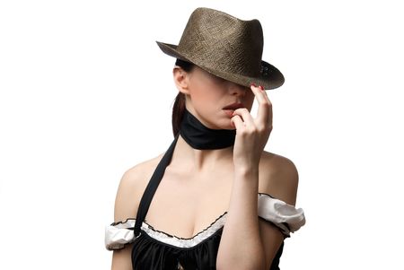 Portrait of young beautiful woman wearing hat. Isolated on white backgroundの写真素材