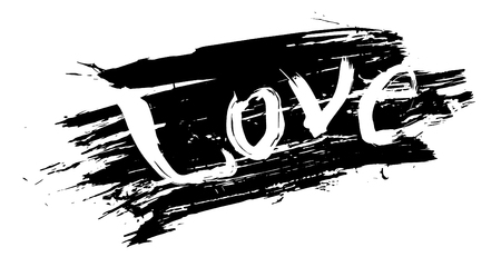 Vector black, white graphic grunge illustration of lettering love  with ink blot, brush strokes, drops isolated on the white background. Hand drawn paint textureのイラスト素材
