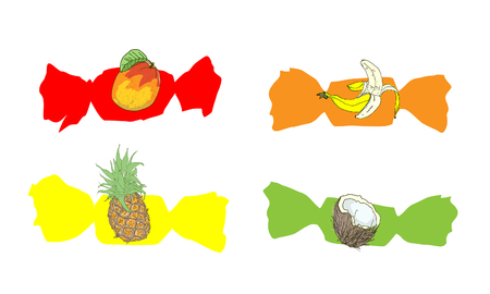 Fruit candies with the taste of banana, pineapple and coconut.のイラスト素材