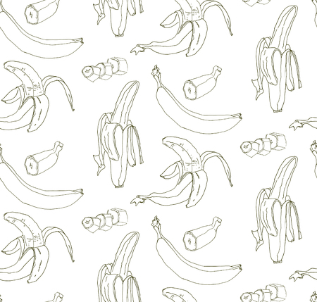 Black ink hand drawn isolated banana seamless pattern on white background. Sketched abstract vector food illustration. Design artistic element for card, print, template, wallpaper, texture.のイラスト素材