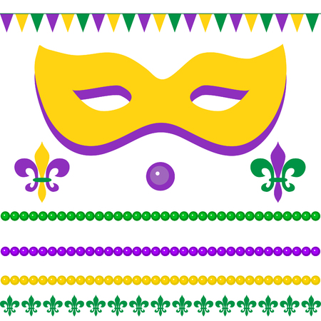 Mardi gras greetings with mask, flags, beads, fleur de fox on white background. Elements for your designのイラスト素材