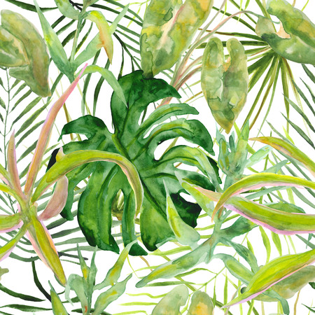 Seamless pattern print of palm leaves . Watercolor hand drawn texture. Background for textile decoration and design. Vegetable Wallpaper.の写真素材