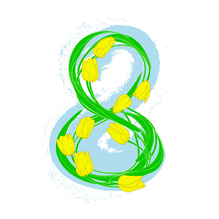 Greeting card number 8 is made of tulips. International Women's Day Vector illustrationのイラスト素材