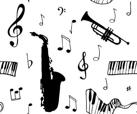 Seamless pattern with musical notation and musical wind instruments. Vector illustrationのイラスト素材