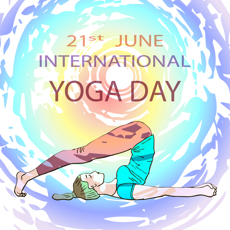 International Yoga Day June 21. Illustration of woman doing asana. Vector illustrationのイラスト素材