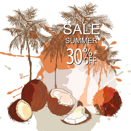 Summer sale design for banner, advertisement, poster, invitation, card. Background with palm trees and coconuts. Vector illustrationのイラスト素材