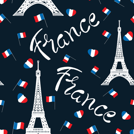 Seamless pattern text France, flags, hearts, Zyfela Tower on a dark background. Vector illustrationのイラスト素材
