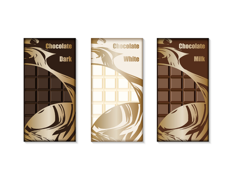 Chocolate bar packaging set. Design packaging for white, milk and dark chocolate. Vector illustrationのイラスト素材