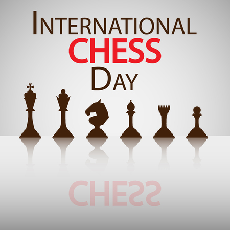 International Chess Day congratulatory card chess pieces with reflection. Vector illustrationのイラスト素材